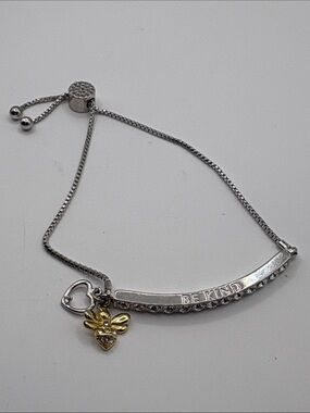Silver-Tone 'Be Kind' Engraved Bracelet with Gold Bee Charm